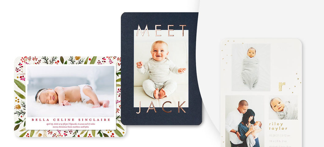 Three birth announcements with baby photos and different custom card backgrounds